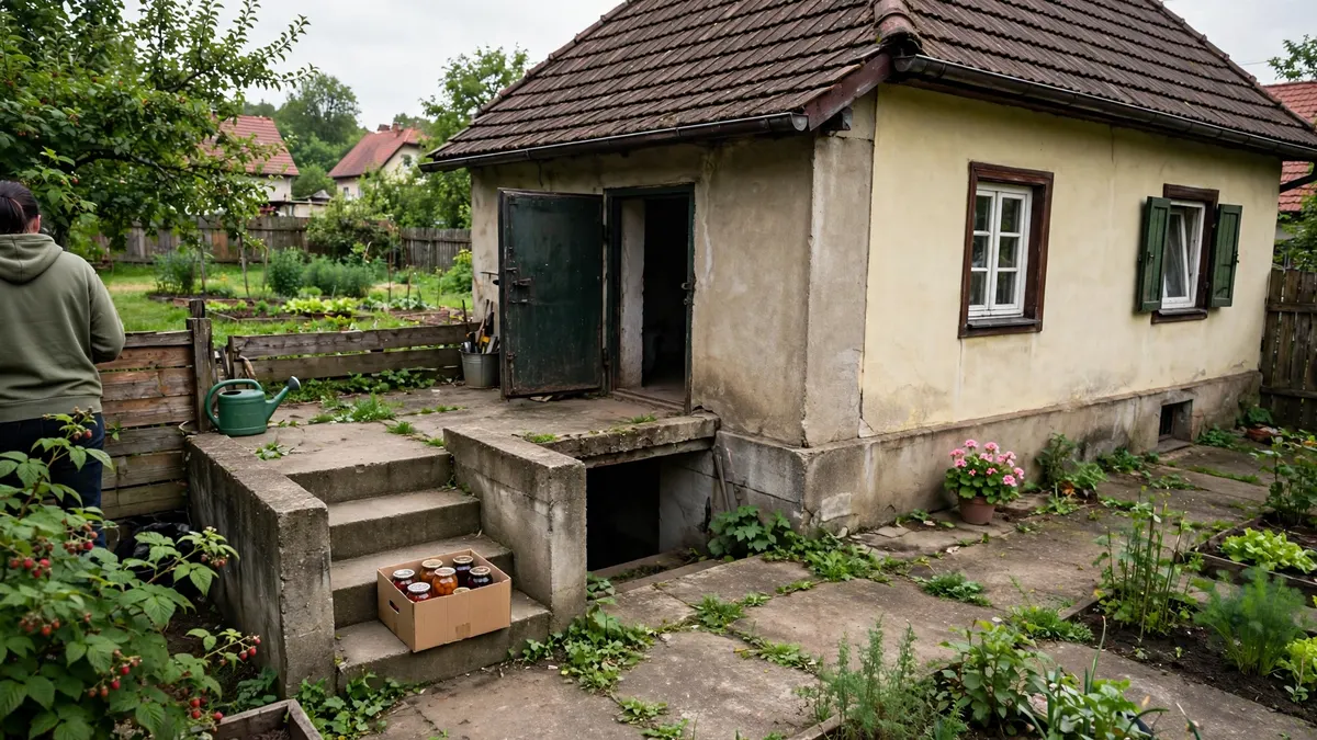 Dom jednorodzinny z ogrodem, otwarte drzwi do piwnicy, na schodkach karton ze słoikami