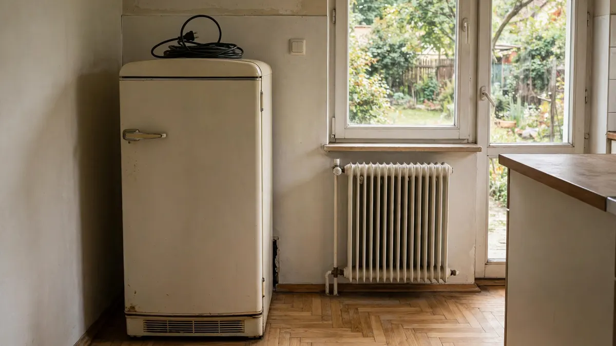 Stara lodówka odłączona w pustej kuchni, kabel zwinięty na górze, w domu jednorodzinnym z ogrodem