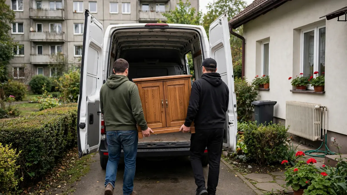 Dwóch mężczyzn widzianych od tyłu wnosi drewnianą szafkę do furgonetki, przed domem jednorodzinnym z ogrodem