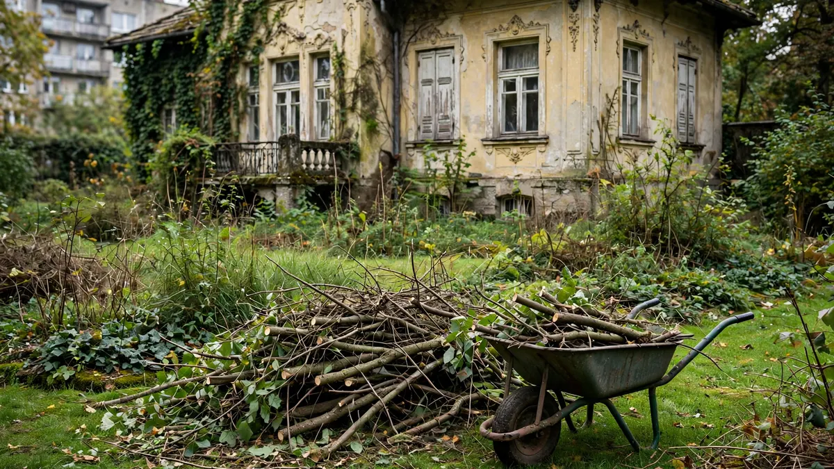 Zarośnięty ogród, na trawie sterta przyciętych gałęzi i taczka, przed starą sopocką willą