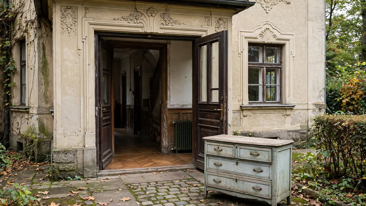 Otwarte drzwi wejściowe domu, na ścieżce stoi stara komoda, przed starą sopocką willą