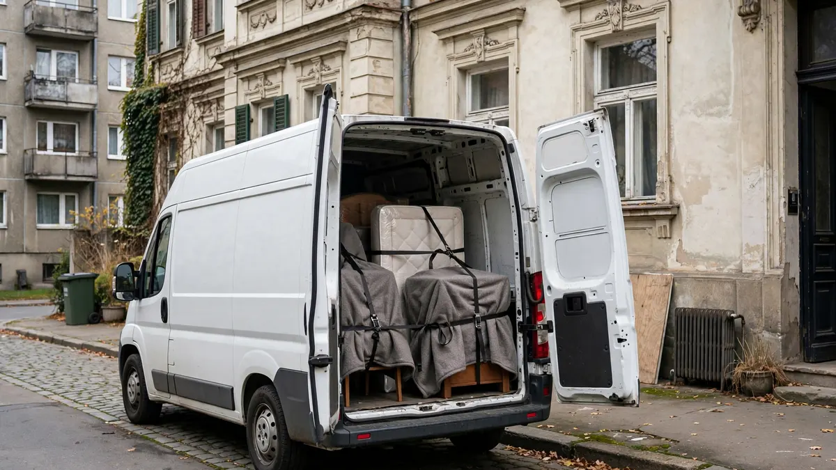 Biała furgonetka z otwartymi tylnymi drzwiami, w ładowni meble owinięte kocami i spięte pasami, przed starą sopocką willą