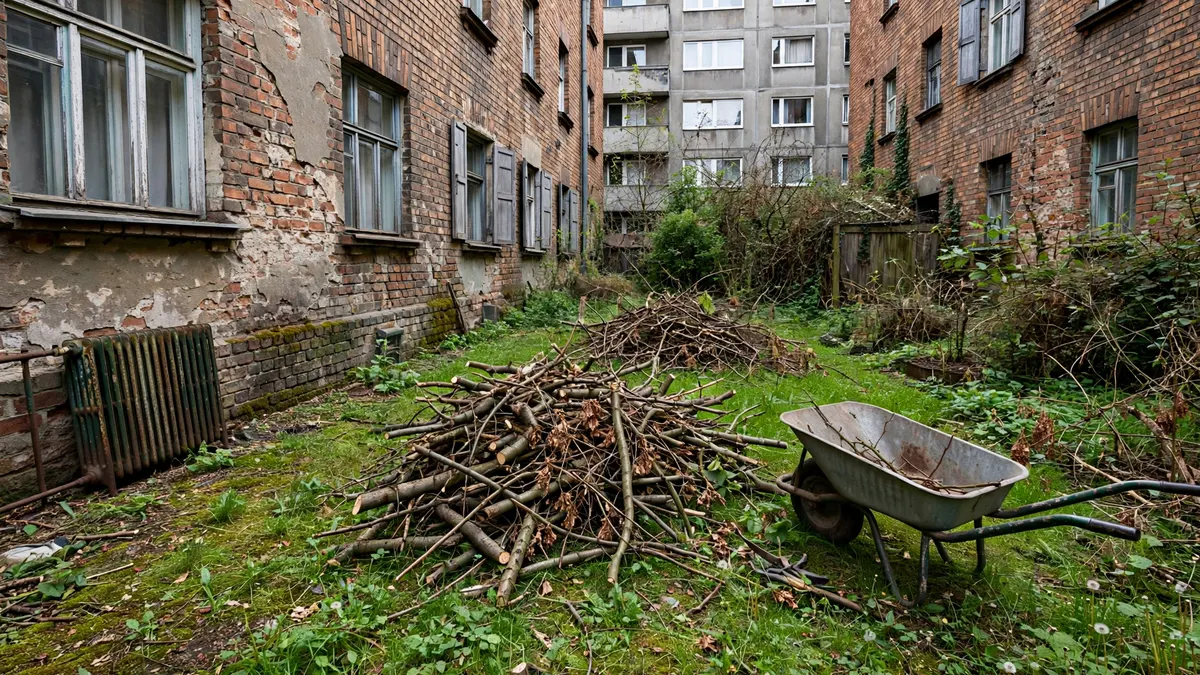 Zarośnięty ogród, na trawie sterta przyciętych gałęzi i taczka, na podwórku ceglanej kamienicy