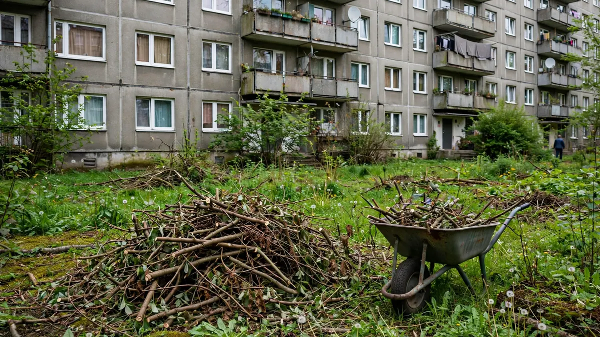 Zarośnięty ogród, na trawie sterta przyciętych gałęzi i taczka, przed blokiem z wielkiej płyty
