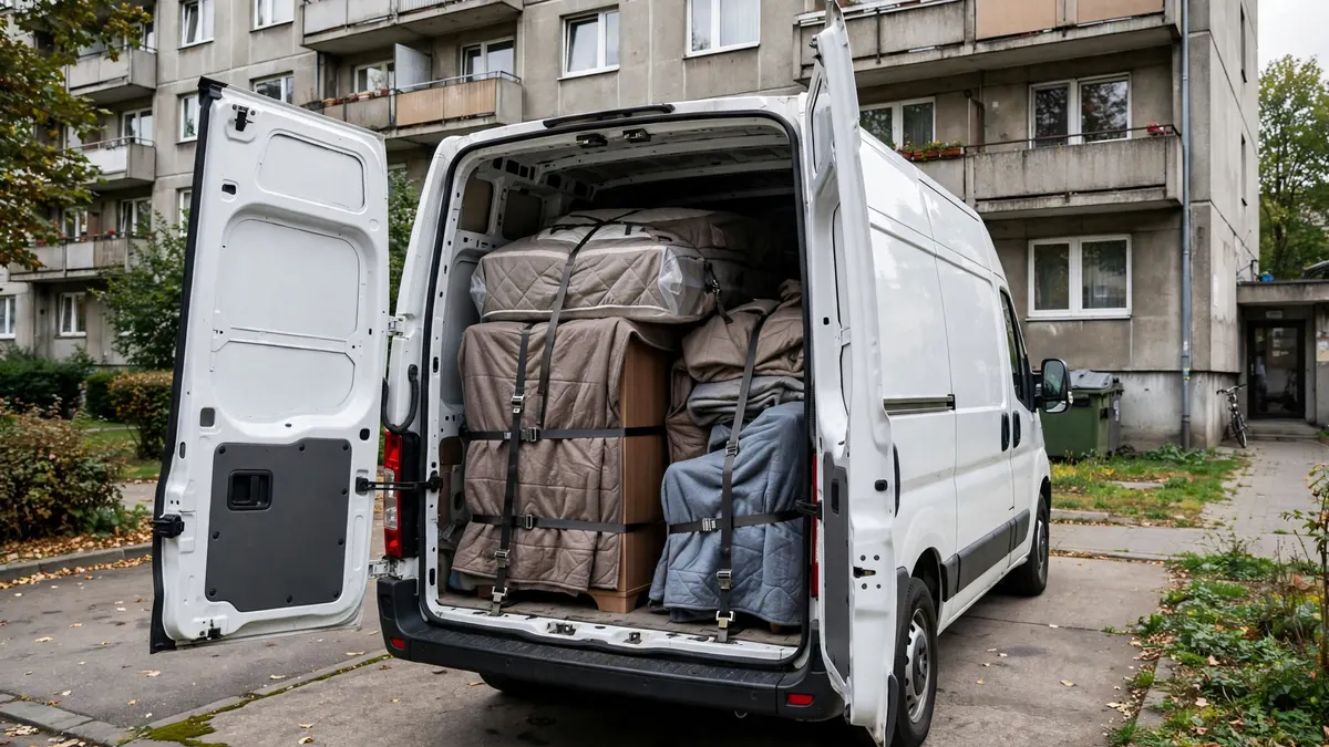 Biała furgonetka z otwartymi tylnymi drzwiami, w ładowni meble owinięte kocami i spięte pasami, przed blokiem z wielkiej płyty