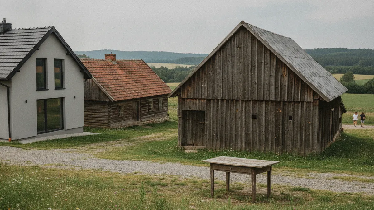 Nowy dom obok starych drewnianych zabudowań gospodarczych, przed szopą na trawie drewniany stół