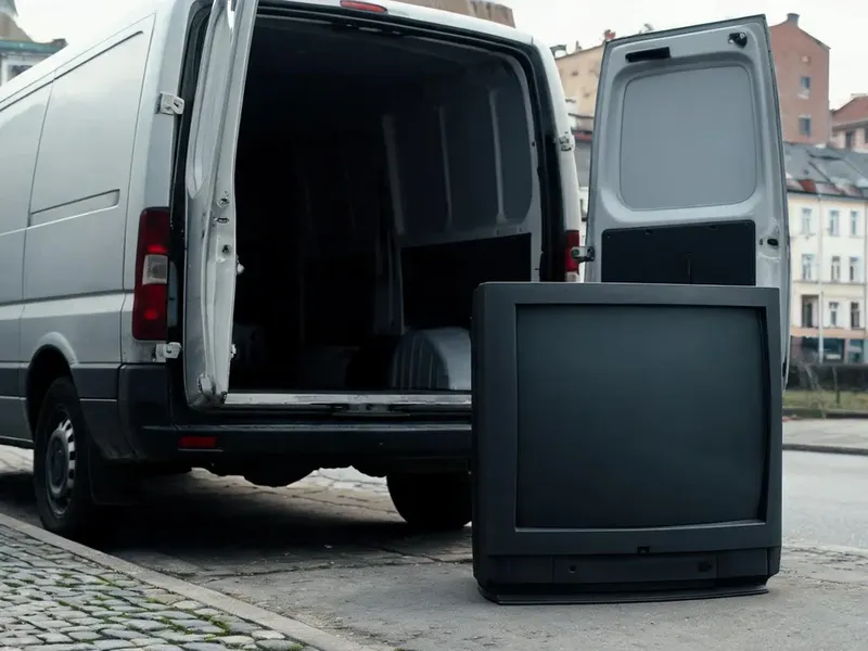 Stary telewizor kineskopowy postawiony na chodniku obok busa z otwartymi tylnymi drzwiami, w tle kamienice