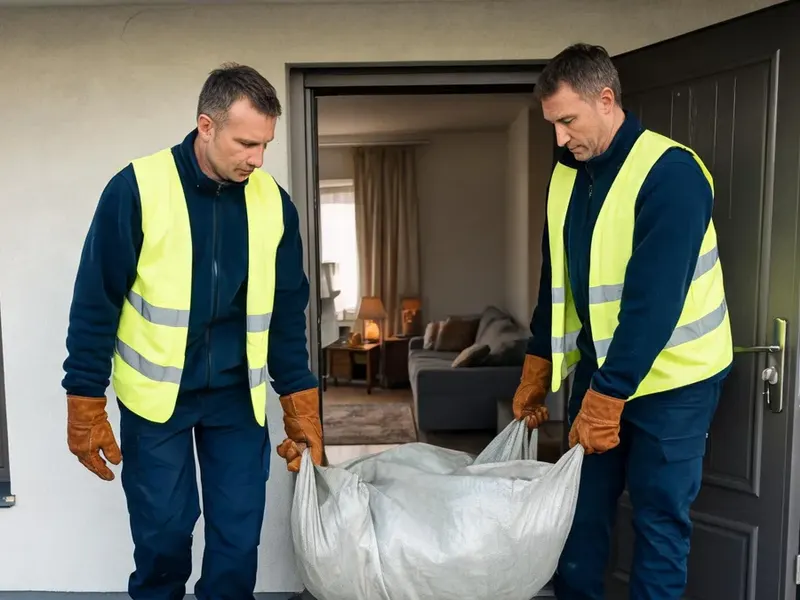 Ekipa w kamizelkach wynosi wypełniony worek z mieszkania, w tle widać kanapę w salonie