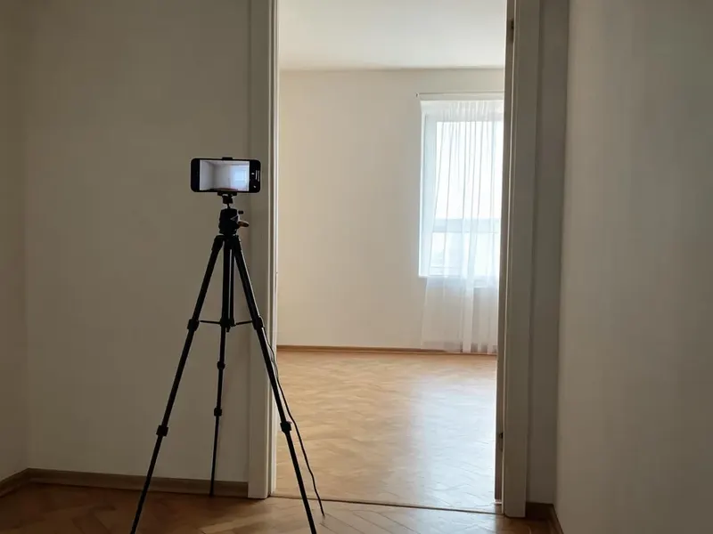 Telefon na statywie dokumentuje puste, jasne pomieszczenie widoczne przez otwarte drzwi