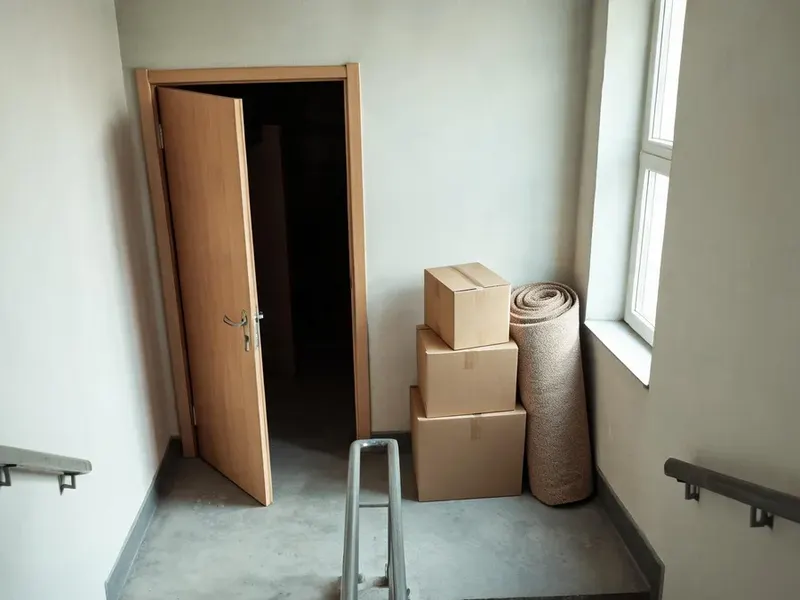 Podest klatki schodowej: trzy kartony i zwinięty dywan przy otwartych drzwiach, z przodu rama wózka transportowego.