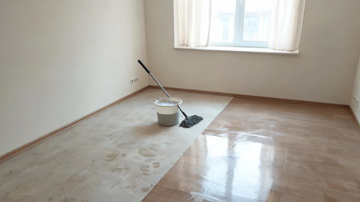 Wiadro z mopem stoi na panelach, część podłogi jeszcze zakurzona, część już umyta do połysku