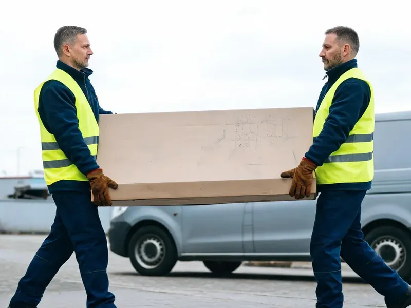Dwaj mężczyźni w kamizelkach niosą przez parking długie, płaskie pudło z meblem do złożenia