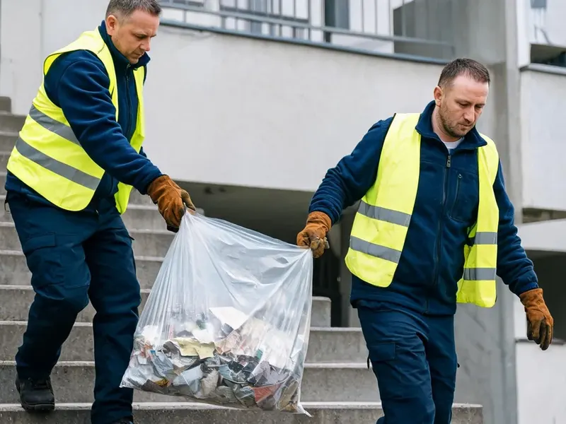 Dwóch pracowników znosi po schodach przezroczysty worek wypełniony drobnym rupieciem