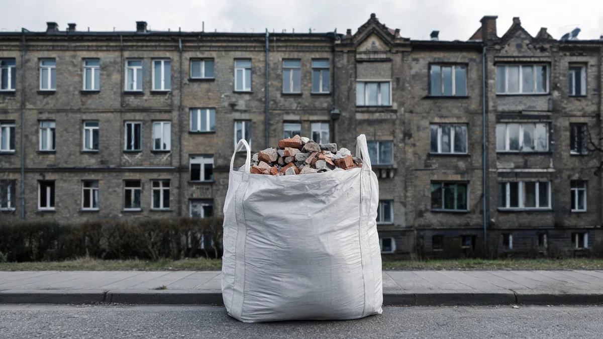 Wypełniony gruzem i cegłami biały big-bag stoi na chodniku przed starą kamienicą