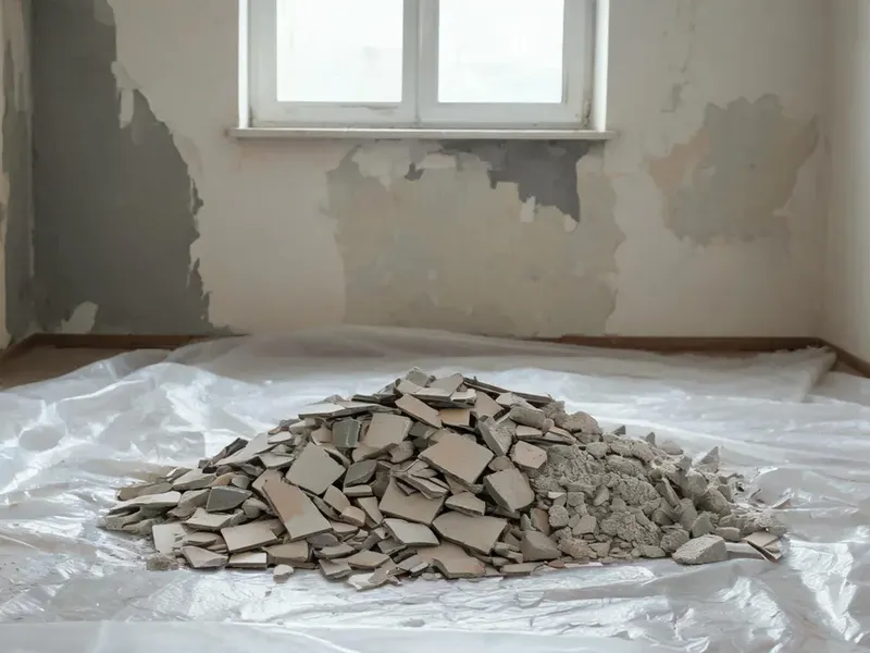 Kupka potłuczonych płytek i betonu leży na folii ochronnej w pokoju z odparzoną farbą