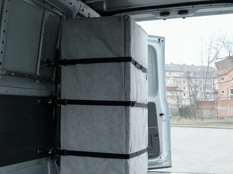 Owinięty szarym kocem prostokątny ładunek przypięty trzema pasami do burty w otwartej przestrzeni ładunkowej busa.