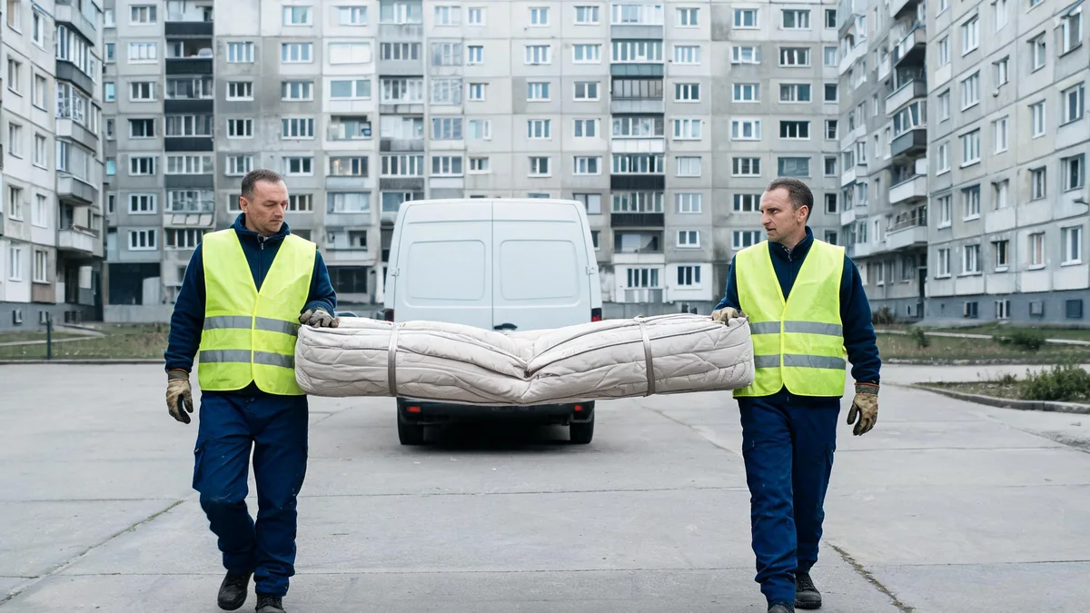 Dwóch pracowników niesie zwinięty i spięty pasami materac przez osiedlowe podwórko, w tle biały bus i bloki.