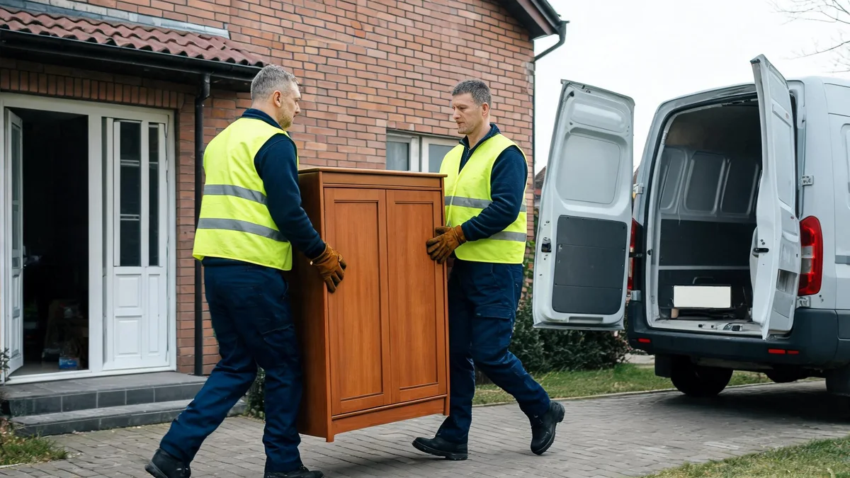 Dwaj pracownicy w żółtych kamizelkach niosą drewnianą szafkę do otwartego busa przed domem