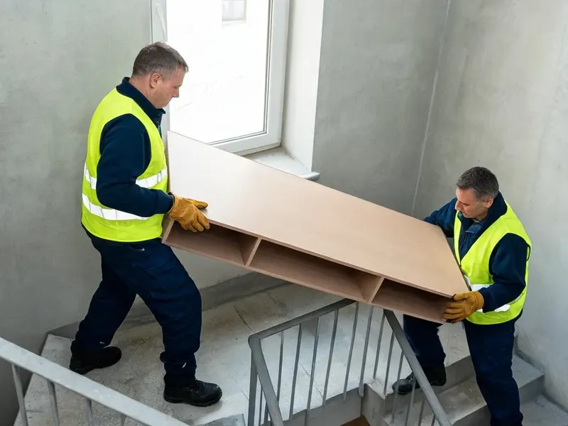 Dwaj pracownicy w kamizelkach niosą po schodach jeden segment rozebranej meblościanki