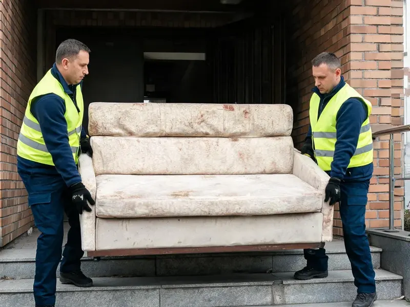 Dwaj mężczyźni znoszą po schodach zabrudzoną, wysłużoną kanapę przed blokiem