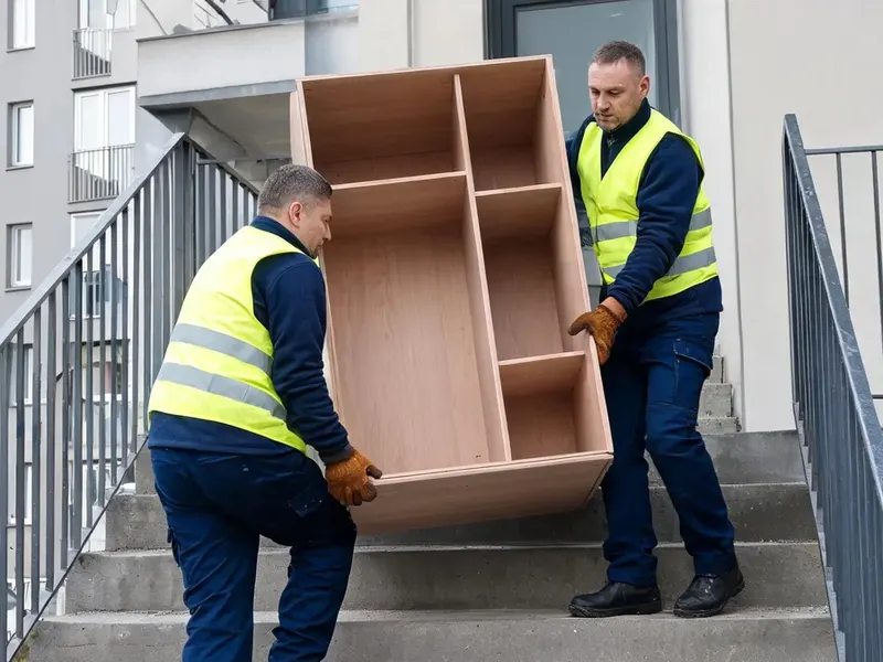 Dwóch pracowników znosi po schodach zewnętrznych korpus szafy bez drzwi i frontów