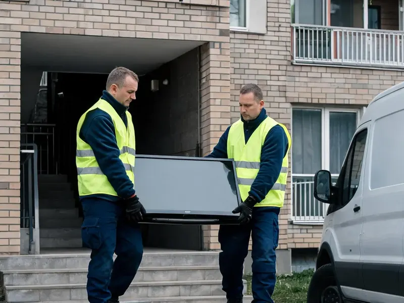 Dwaj pracownicy w kamizelkach niosą płaski telewizor do busa zaparkowanego przy bloku